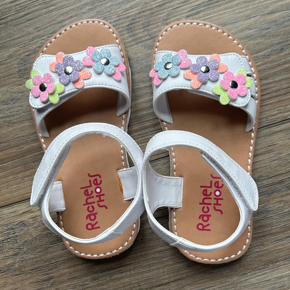 Rachel Shoes Girls Open Toe Strap With Sparkly Appliqué Flowers